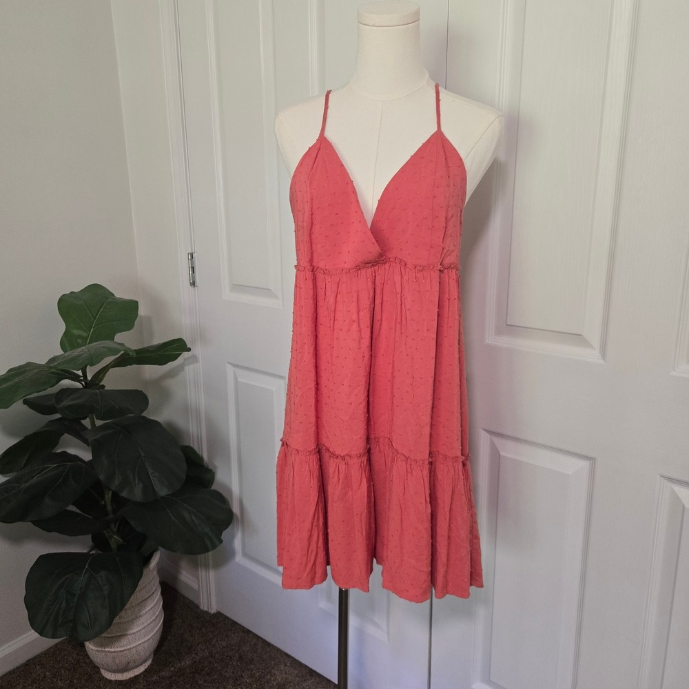 Forever 21 Dress Womens Small‎ Coral Swiss Dot Tiered Babydoll V-Neck Tie Back